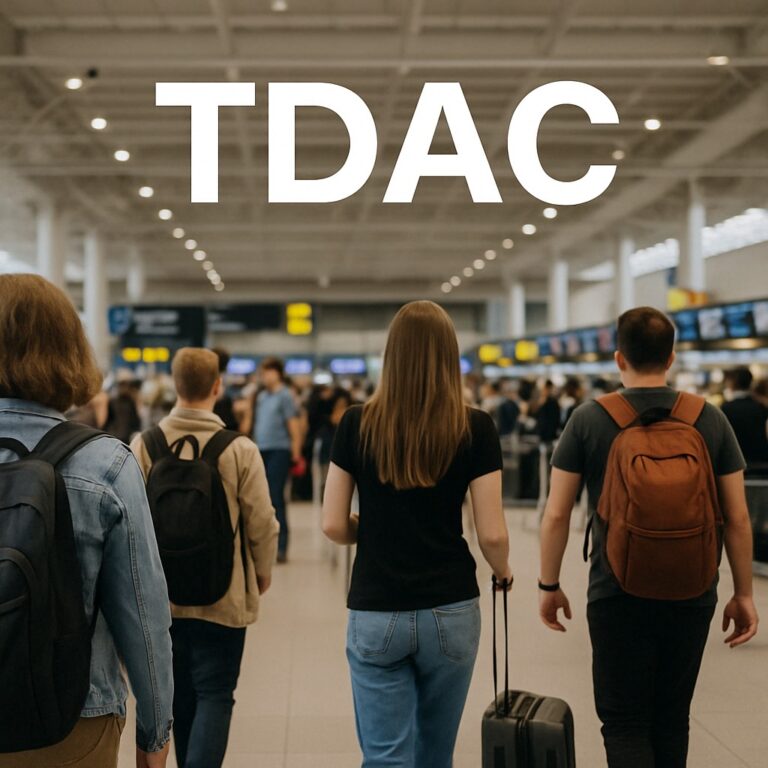 Crowd of travelers walking through a busy airport terminal with TDAC written above, representing Thailand's new digital arrival process