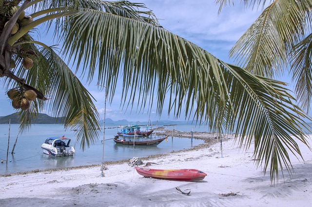 White sandy beach with palm trees, boats and kayak on Koh Samui island in Thailand