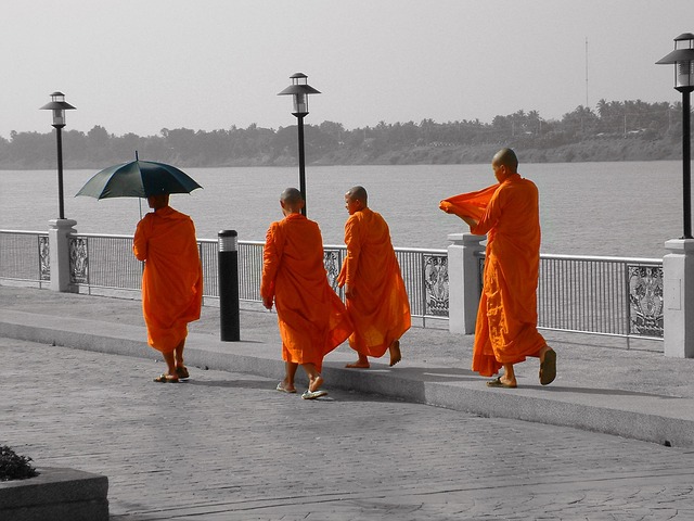 Four Buddhist monks in orange robes walking by a river, one holding an umbrella during a rainy day in Thailand