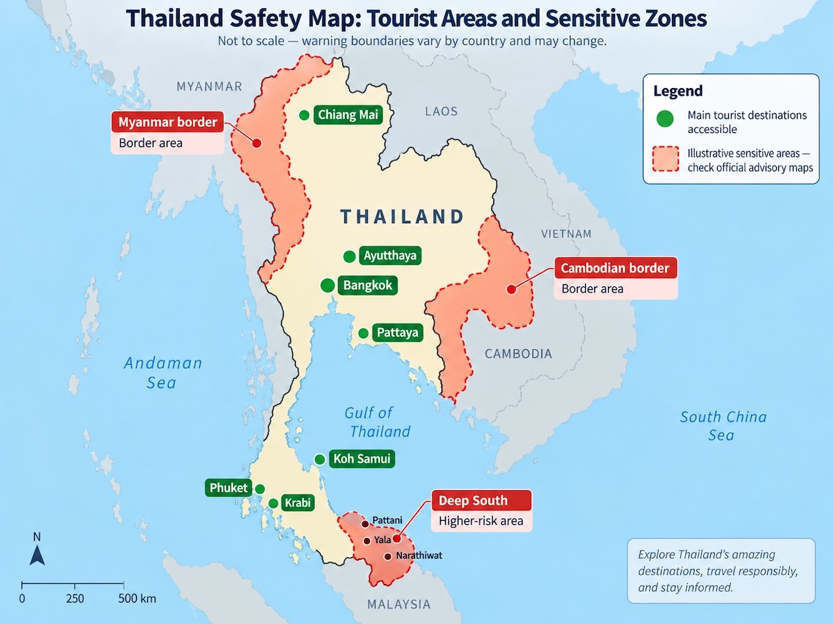 Thailand safety map showing accessible tourist destinations and sensitive areas along the Cambodia and Myanmar borders and in the Deep South