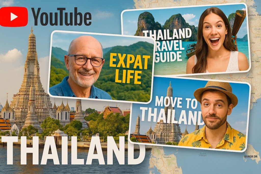 Collage featuring the YouTube logo and creators for a guide to the best Thailand YouTube channels, with Wat Arun temple in the background.
