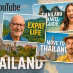 Collage featuring the YouTube logo and creators for a guide to the best Thailand YouTube channels, with Wat Arun temple in the background.