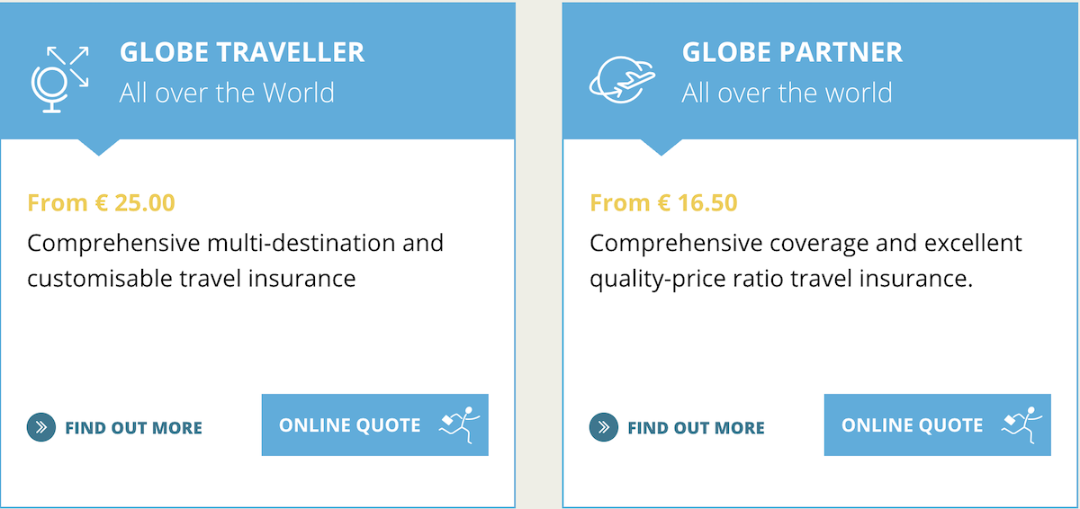 Comparison of the ACS Globe Traveller and Globe Partner insurance plans, showing their starting prices and main features.