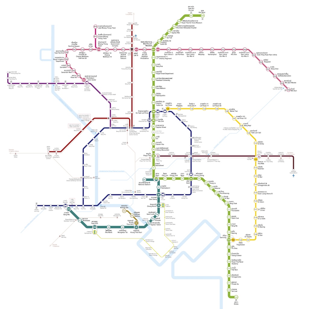Complete transport map of Bangkok showing all BTS Skytrain, MRT subway, and Airport Rail Link lines.