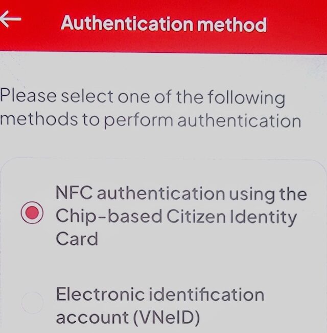 Screen showing biometric authentication options including NFC authentication using a chip-based Citizen Identity Card and an electronic identification account (VNeID) on a Vietnamese banking app.