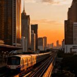 View of a BTS Skytrain in Bangkok at sunset, symbolizing travel and tourism in Thailand for 2025.