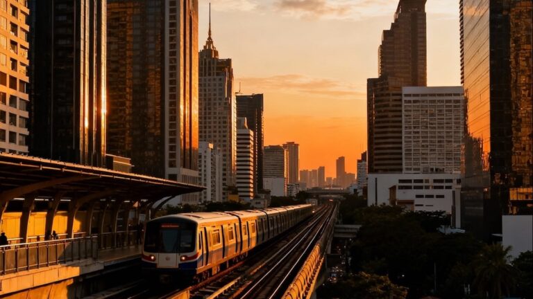 View of a BTS Skytrain in Bangkok at sunset, symbolizing travel and tourism in Thailand for 2025.