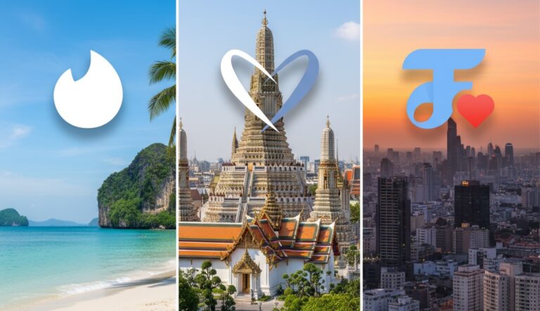 A composite image comparing the best dating apps in Thailand, with the Tinder logo over a beach, the ThaiCupid logo over a temple, and the ThaiFriendly logo over a city skyline.
