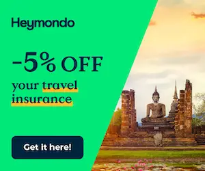 Heymondo travel insurance banner offering a 5% discount.