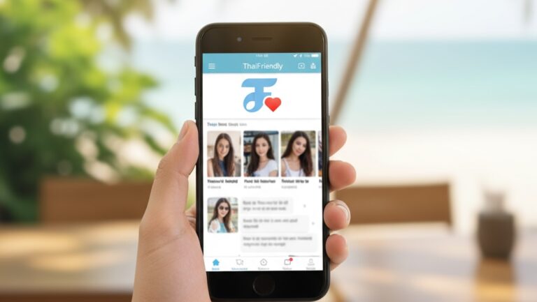 A hand holding a smartphone showing the ThaiFriendly dating app interface, with a blurred tropical beach in the background, illustrating a review of the app.