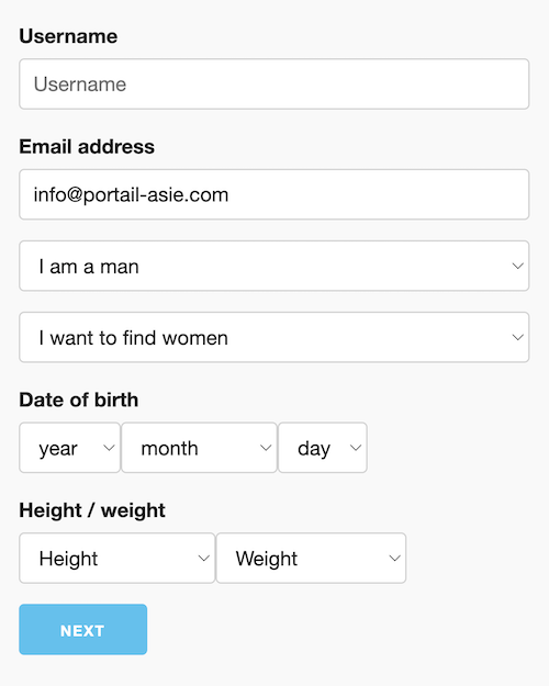 Screenshot of the ThaiFriendly registration form, showing fields for username, email, gender, date of birth, height, and weight.