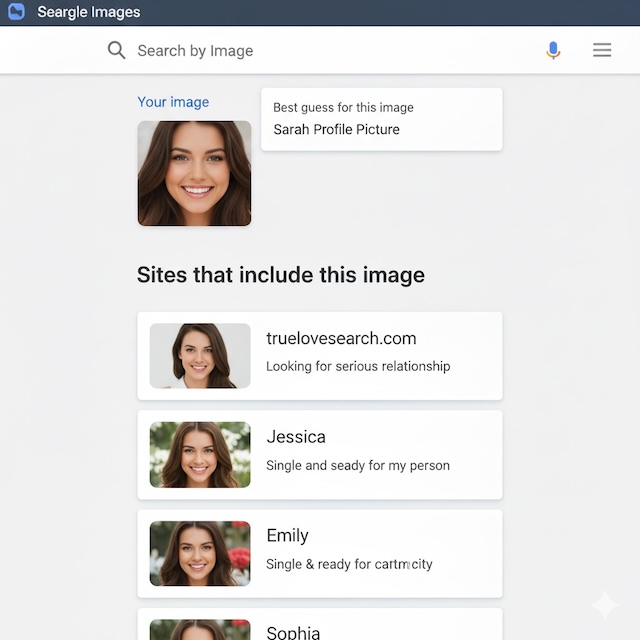 Screenshot of a reverse image search result, showing the same woman's photo used on multiple fake dating profiles with different names like Sarah, Jessica, and Emily.