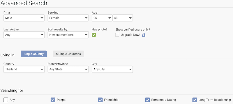 A screenshot of ThaiCupid's advanced search filters, showing options to find a long-term relationship, romance, or friendship, which is a key feature in this review.