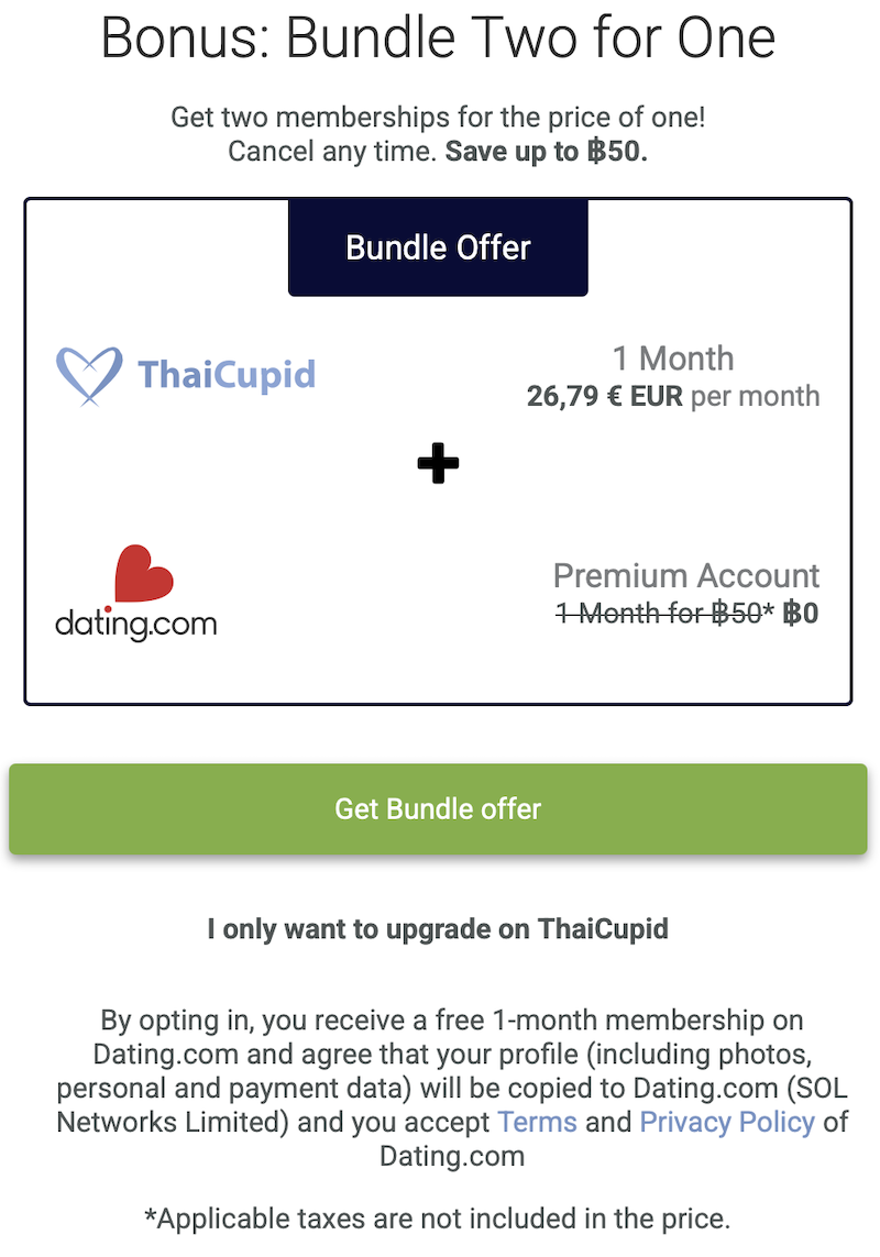 Screenshot of the ThaiCupid payment page showing the misleading bundled upsell with Dating.com, a critical warning discussed in this review.