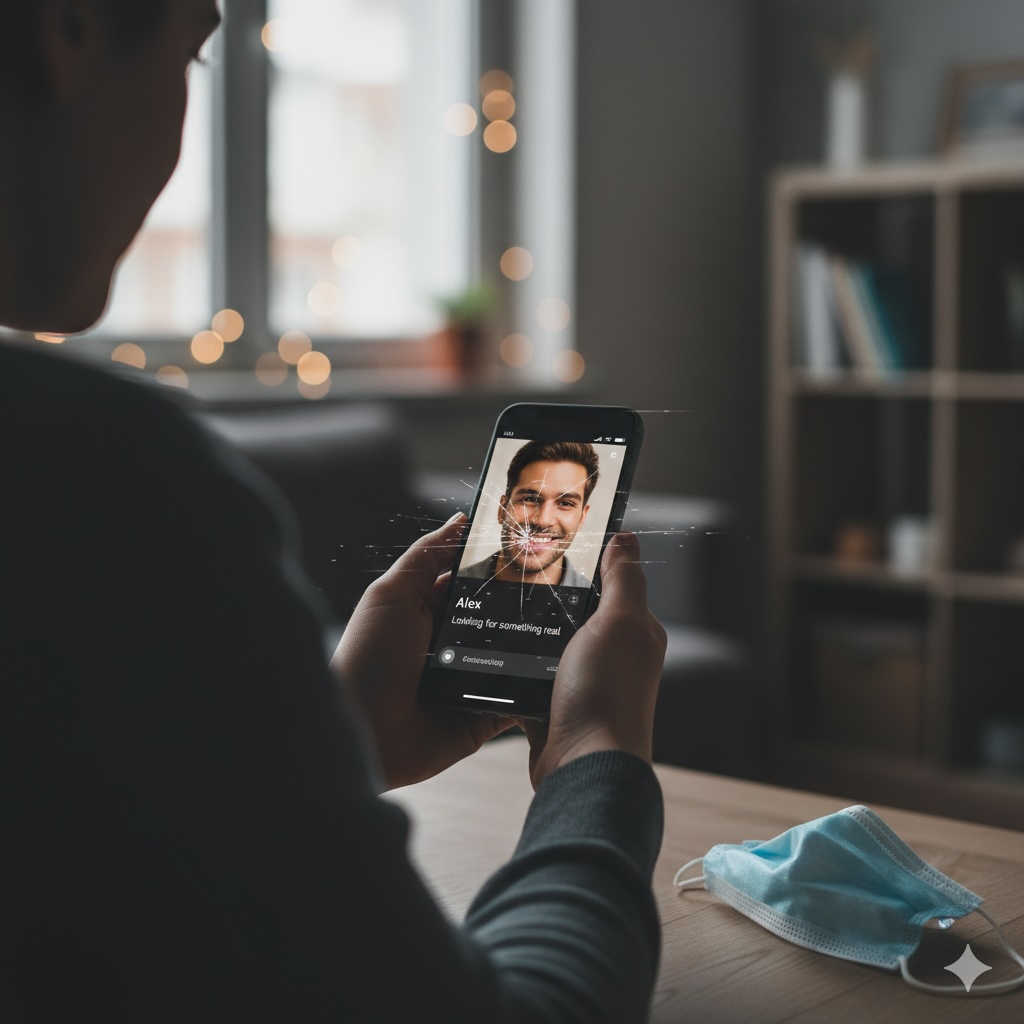 Person looking at a cracked dating profile on a smartphone, illustrating the danger of a Thailand dating scam.