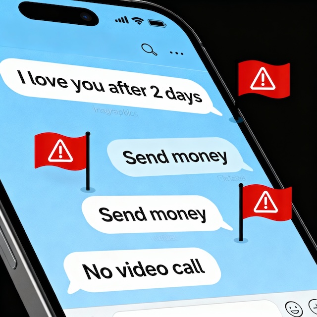 Infographic showing a chat with red flags of a dating scam: "I love you after 2 days", "Send money", and "No video call".