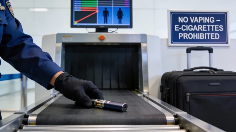 Airport security officer confiscating an electronic cigarette on a luggage conveyor belt next to a sign stating No Vaping E-Cigarettes Prohibited.
