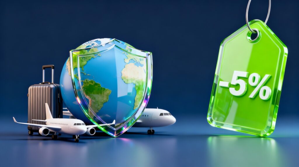 3D illustration of a globe protected by a shield with travel items, next to a green tag showing -5% discount for Heymondo promo code