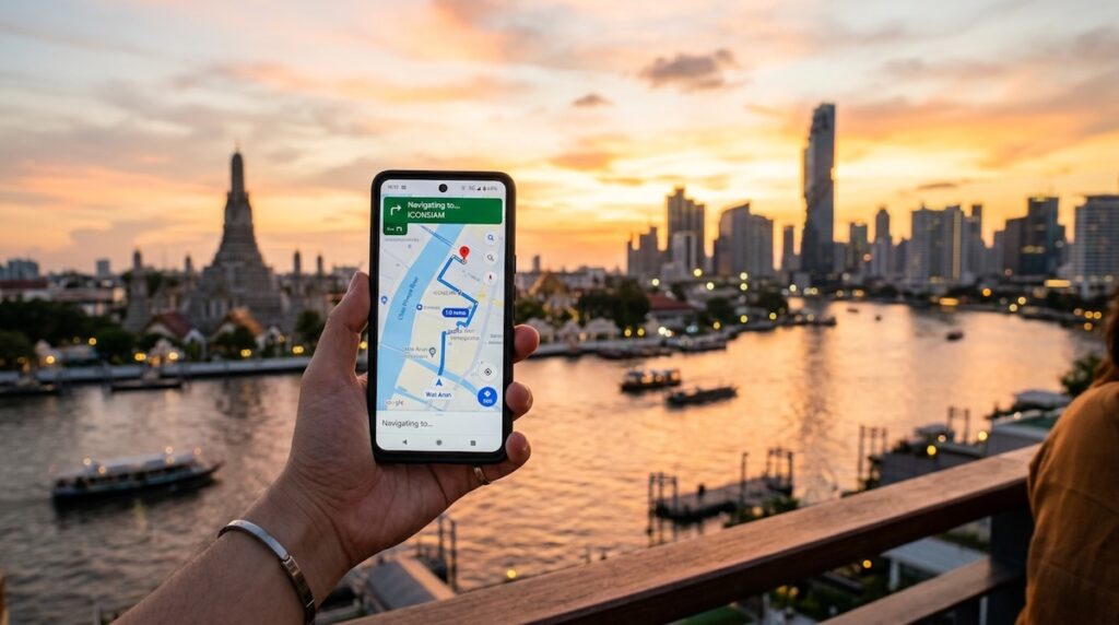 Smartphone using mobile data navigation in Bangkok with Wat Arun and the Chao Phraya River in the background, illustrating eSIM internet in Thailand