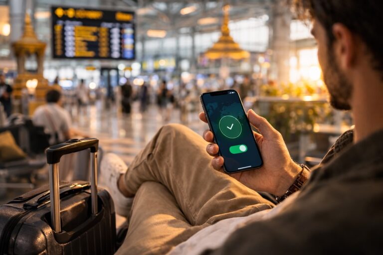 A traveler waiting at an Asian airport with a suitcase, holding a smartphone connected to a secure VPN app.