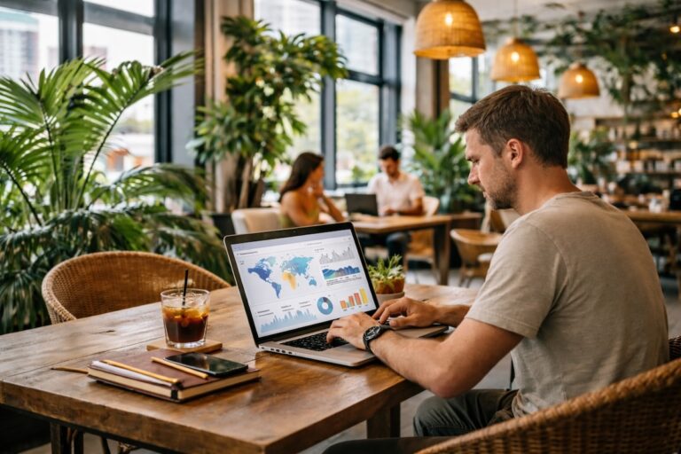 Man working on a laptop in a cafe in Thailand using a VPN on public Wi-Fi