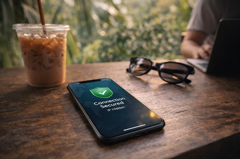 A smartphone on a wooden cafe table showing a secure VPN connection app, with an iced coffee and a digital nomad working on a laptop in the blurred tropical background.