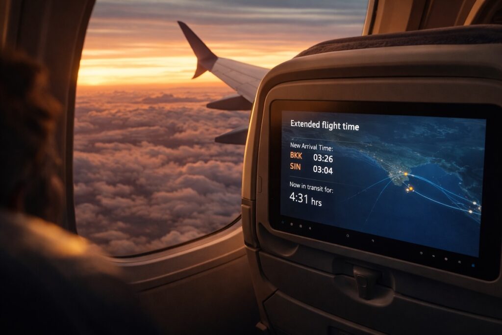 Extended flight time on a route to Southeast Asia due to Middle East airspace closures