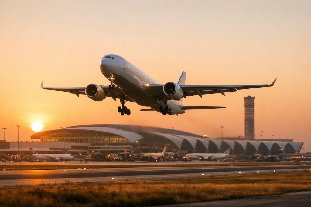 Commercial airplane taking off from Bangkok Suvarnabhumi airport at sunset amid concerns over flights to Thailand cancelled