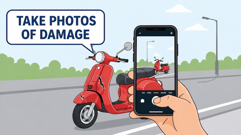 Illustration of a tourist taking photos of a damaged red scooter with a smartphone, emphasizing safety documentation after an accident in Thailand
