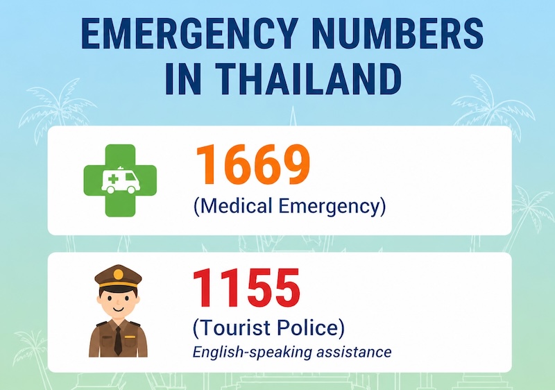 Infographic showing Thailand emergency numbers: 1669 for Medical Emergency and 1155 for Tourist Police with English-speaking assistance