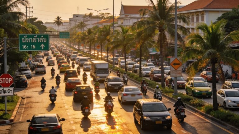 Heavy traffic with cars and motorbikes on a palm-lined road in Thailand during sunset, illustrating road safety risks during holiday travel