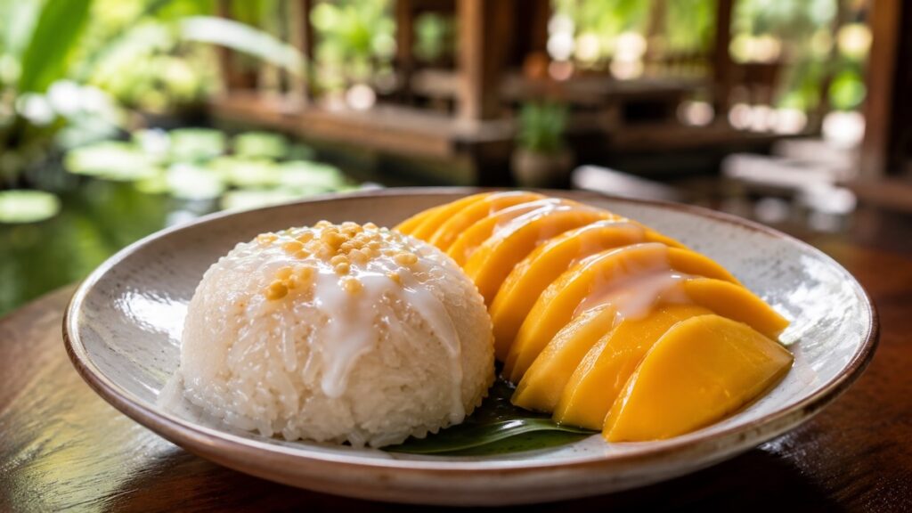 Mango sticky rice in Thailand with coconut sticky rice, ripe mango and coconut sauce