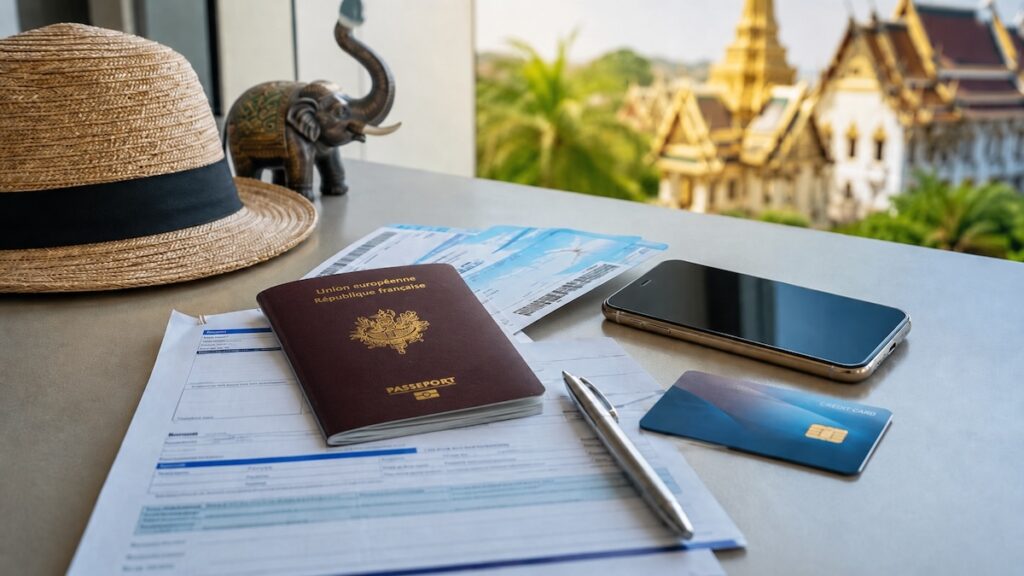 Travel documents, passport, flight tickets and credit card prepared for a trip to Thailand