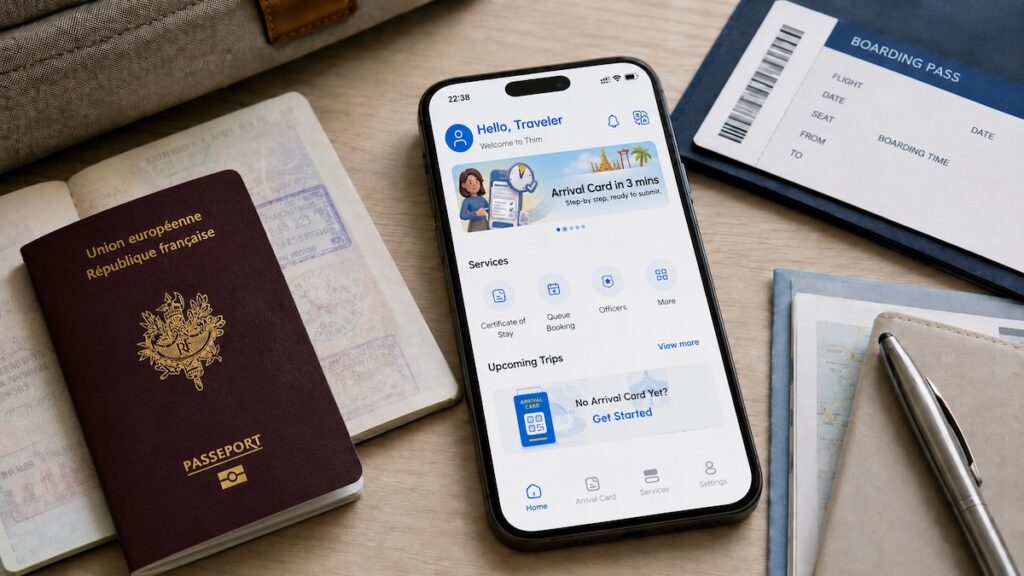 THIM app Thailand displayed on a smartphone next to a passport and boarding pass before travelling