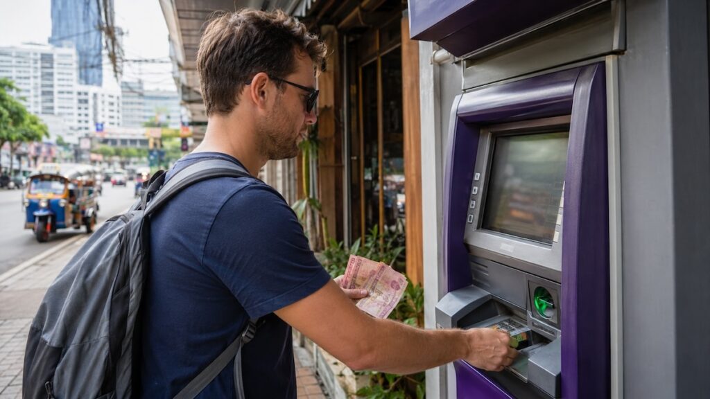Traveller withdrawing money from an ATM in Thailand