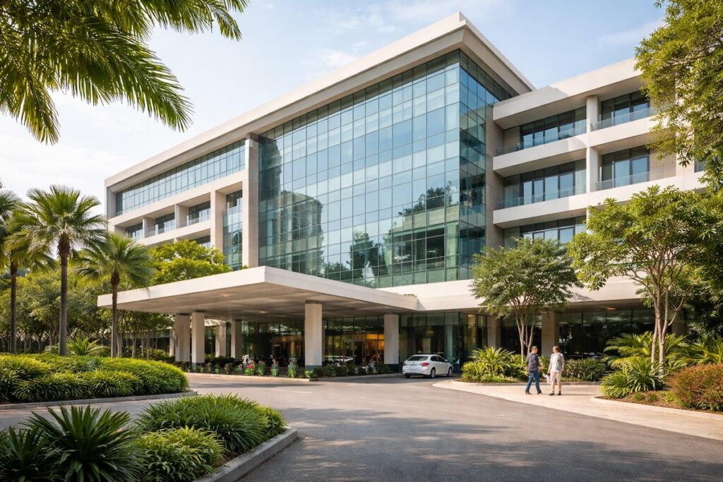 Modern private hospital in Thailand, illustrating expat health insurance for long-term residents and digital nomads