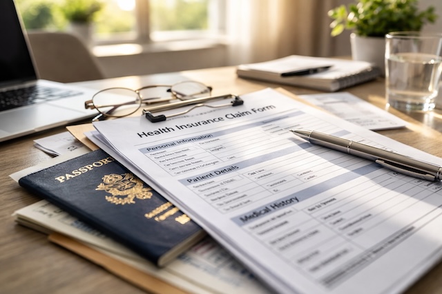 Health insurance claim form and passport for an expat planning a long stay in Thailand