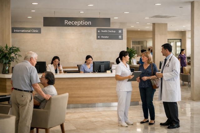 Private hospital reception in Thailand with international clinic services for expats and long-stay residents