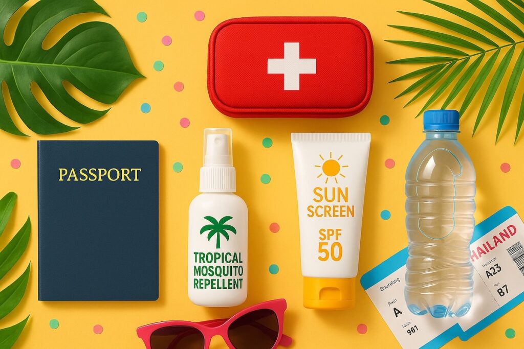 Thailand travel health essentials including a first-aid kit, mosquito repellent, sunscreen, bottled water, passport and boarding pass.