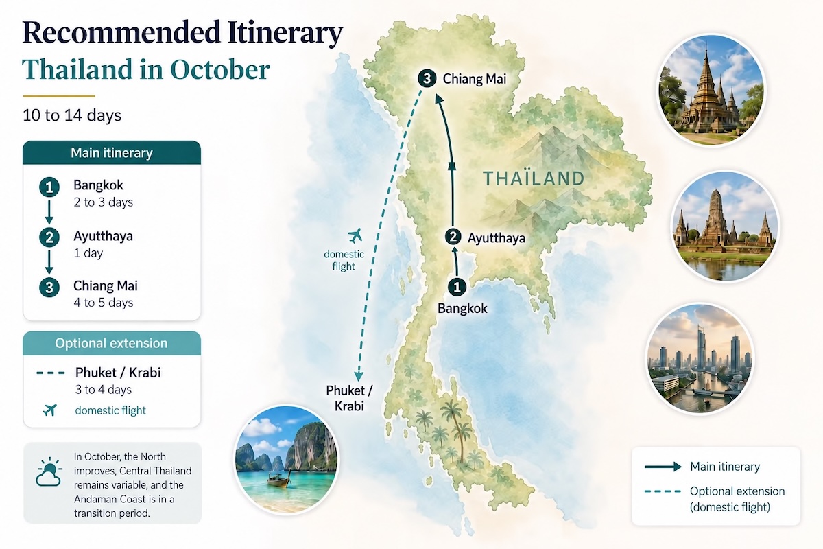Recommended Thailand itinerary for October from Bangkok to Ayutthaya and Chiang Mai, with an optional Phuket or Krabi extension