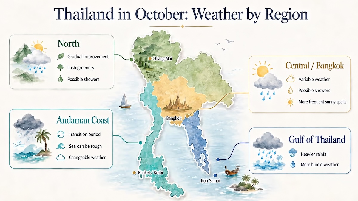 Thailand in October weather map showing Northern Thailand, Bangkok, the Andaman Coast and the lower Gulf around Koh Samui