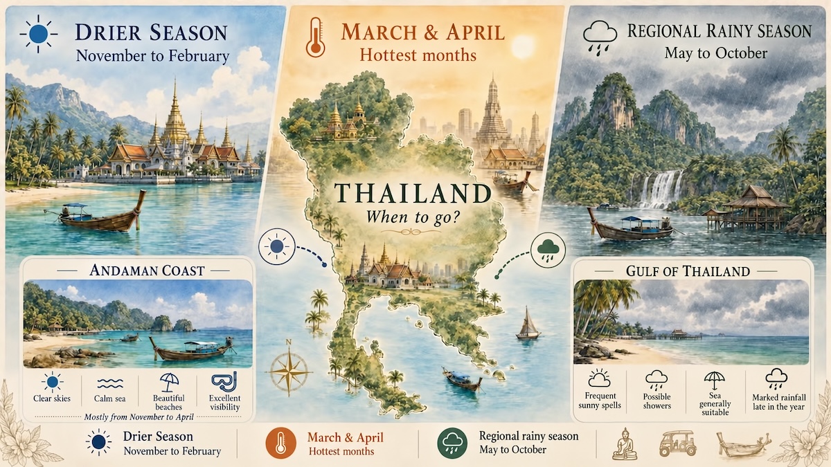 Infographic showing Thailand's drier season from November to February, hottest months in March and April, and regional rainy season from May to October, with Andaman Coast and Gulf of Thailand comparisons.