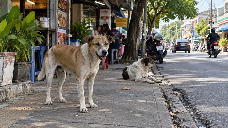 Two stray dogs on a sidewalk beside shops and a road in Thailand.