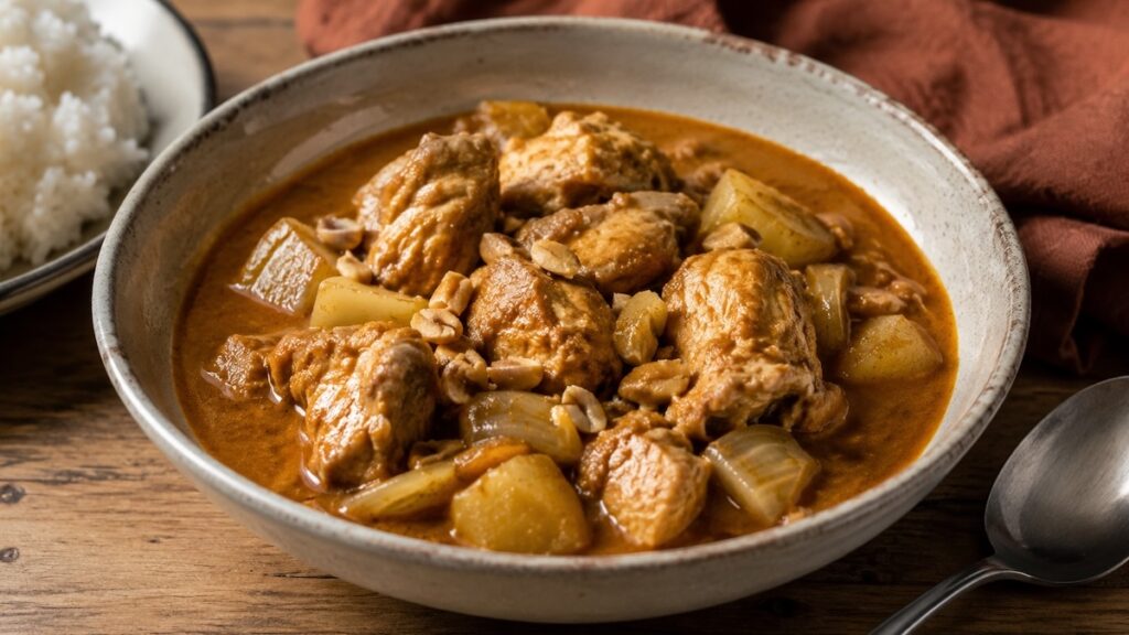 Thai Massaman curry with chicken, potatoes, onions, peanuts and coconut milk