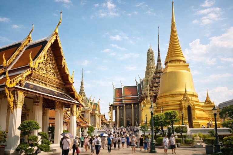 The Grand Palace and Wat Phra Kaew temple complex in Bangkok, with visitors walking among ornate buildings.