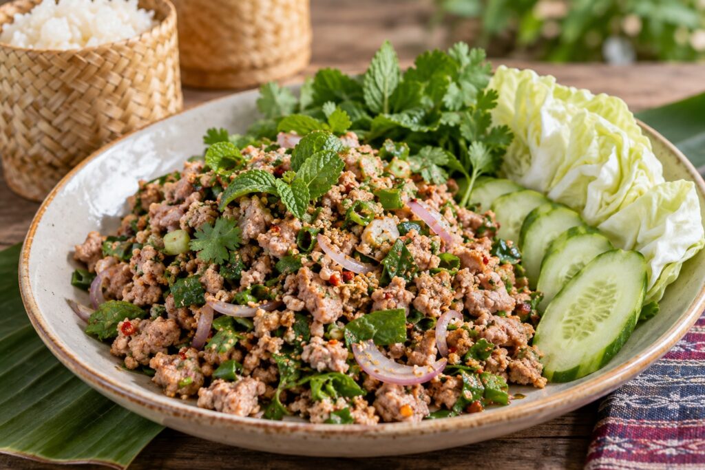 Traditional Laab Moo with minced pork, mint, cilantro, shallots, chili and toasted ground rice