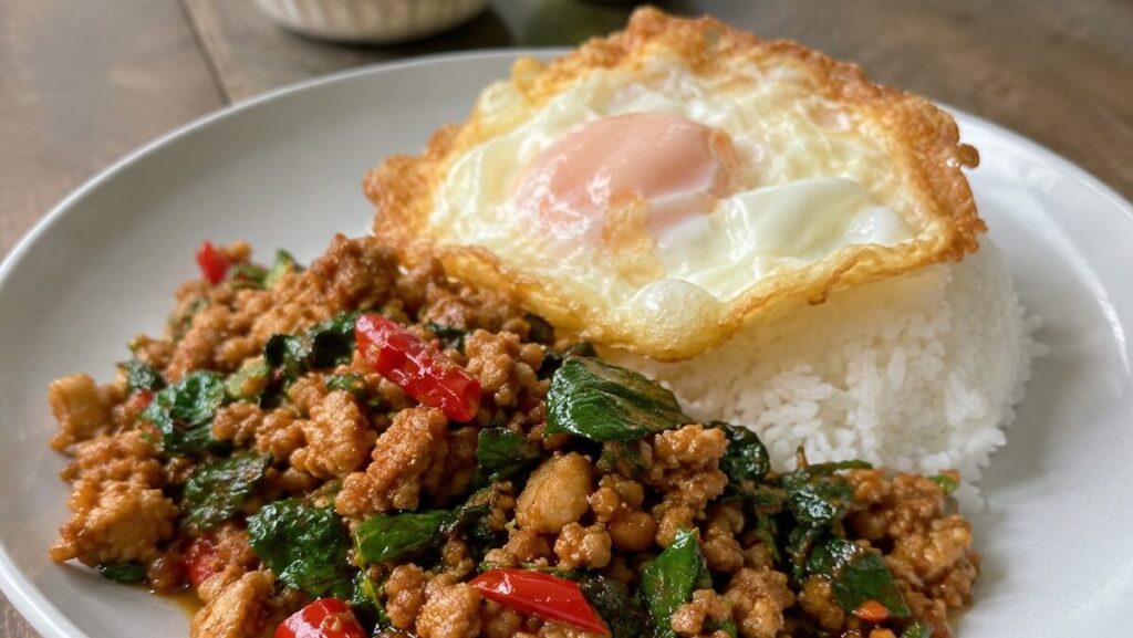 Chicken Pad Kra Pao with holy basil, jasmine rice and fried egg