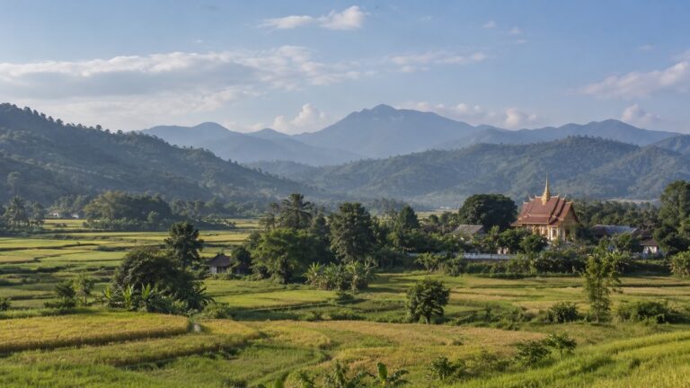 Mountain landscape and rice fields in Northern Thailand in November, with a Buddhist temple surrounded by green countryside.