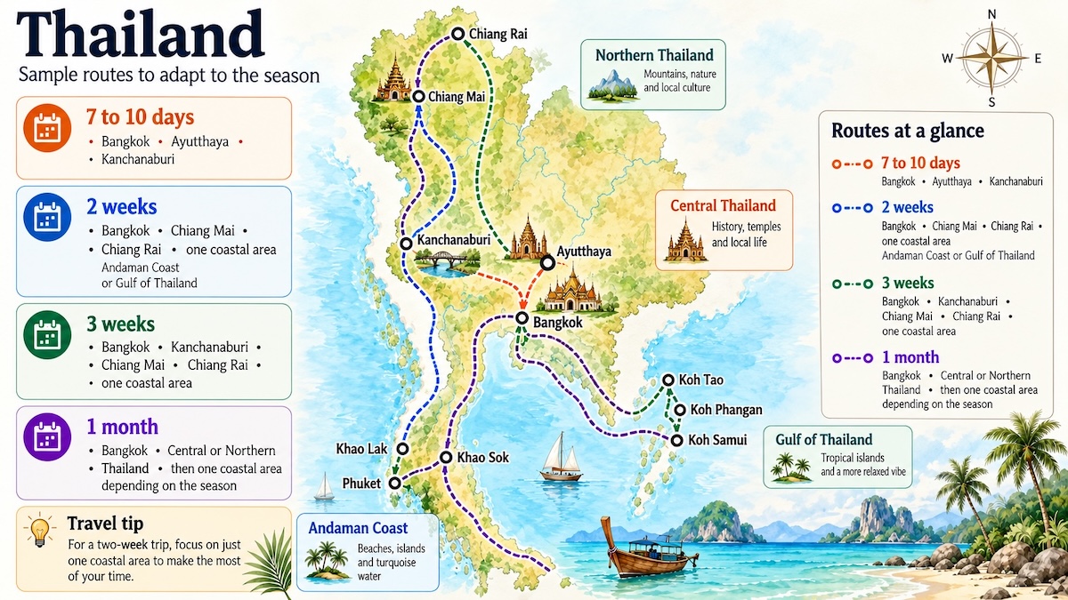 Illustrated map of Thailand showing sample travel itineraries for 7 to 10 days, 2 weeks, 3 weeks and 1 month, with routes across northern, central and coastal regions.