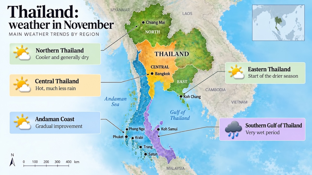 Map of Thailand weather in November by region, showing drier conditions in Northern and Central Thailand, improving weather on the Andaman coast and wetter conditions around Koh Samui.